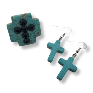VINTAGE TURQUOISE STONE CROSS EARRINGS & MATCHING RING SET